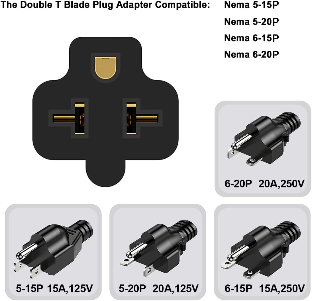 1-ft 12AWG Right-Angle 15A Household AC Plug to 20A Adapter Cable, Nema 5-15P to 5-20R 6-15R/20R T-Blade 20A to 15A 90-Degree Plug Adapter Cord, 125V 15A to 250V 20A Extension Cable