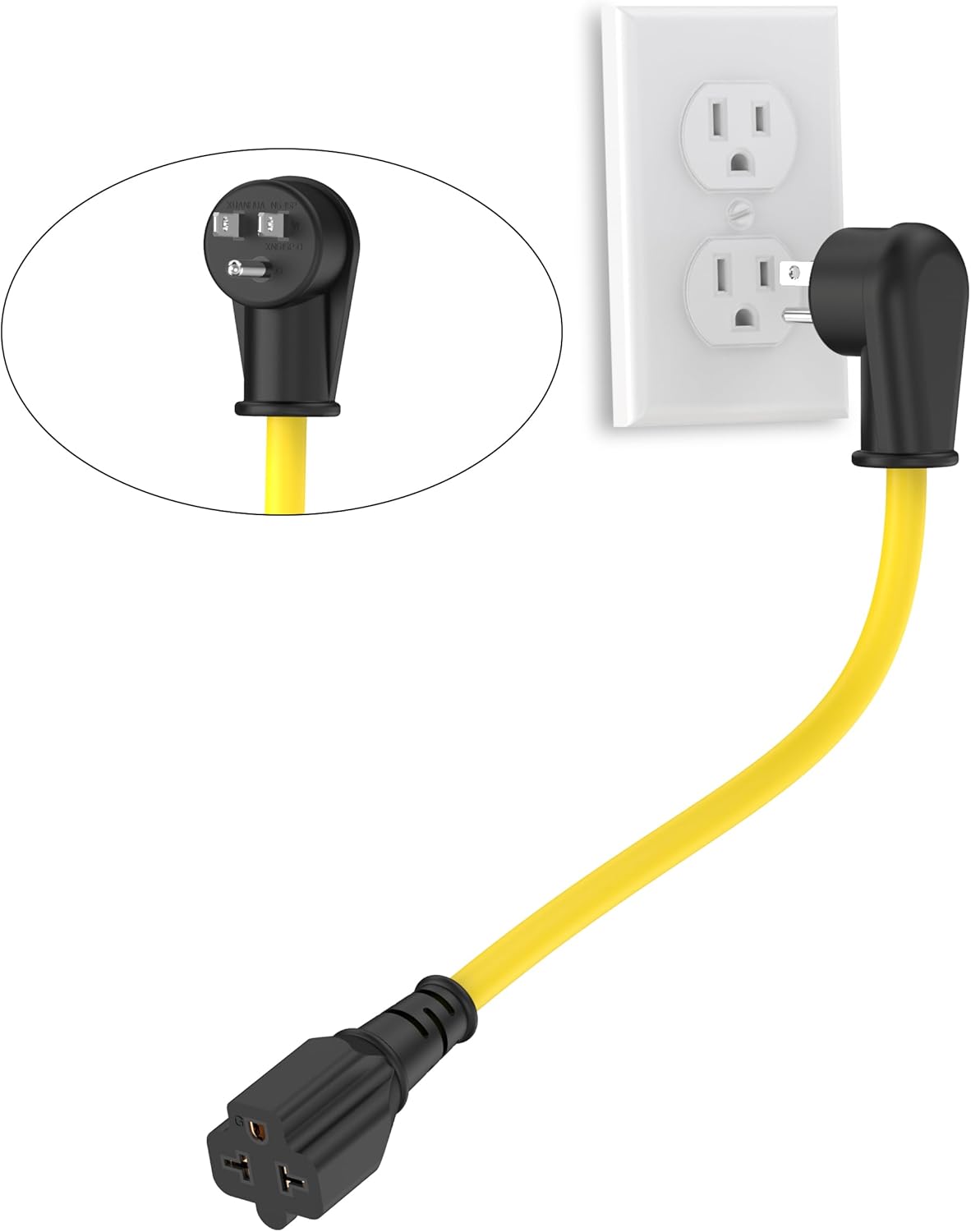 1-ft 12AWG Right-Angle 15A Household AC Plug to 20A Adapter Cable, Nema 5-15P to 5-20R 6-15R/20R T-Blade 20A to 15A 90-Degree Plug Adapter Cord, 125V 15A to 250V 20A Extension Cable