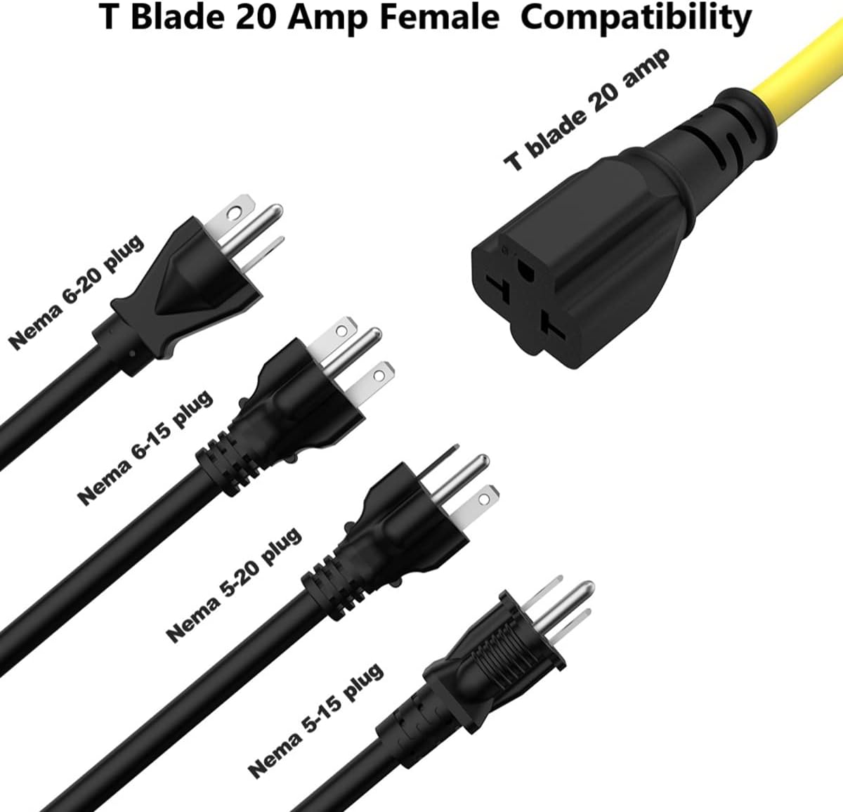 1-ft 12AWG Right-Angle 15A Household AC Plug to 20A Adapter Cable, Nema 5-15P to 5-20R 6-15R/20R T-Blade 20A to 15A 90-Degree Plug Adapter Cord, 125V 15A to 250V 20A Extension Cable