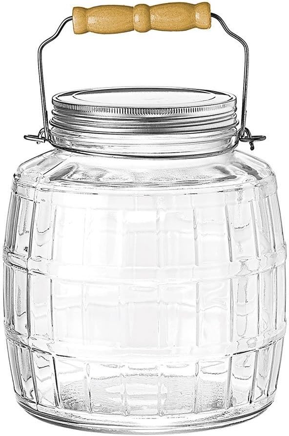 1 Gallon Anchor Hocking Glass Barrel Jar with Lid - 2 Piece Set, Brushed Metal Lid, Screwable Closure