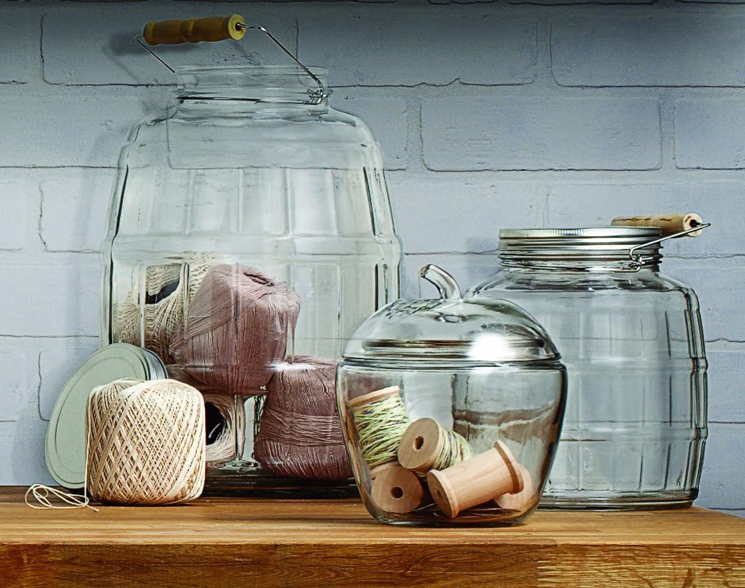 1 Gallon Anchor Hocking Glass Barrel Jar with Lid - 2 Piece Set, Brushed Metal Lid, Screwable Closure