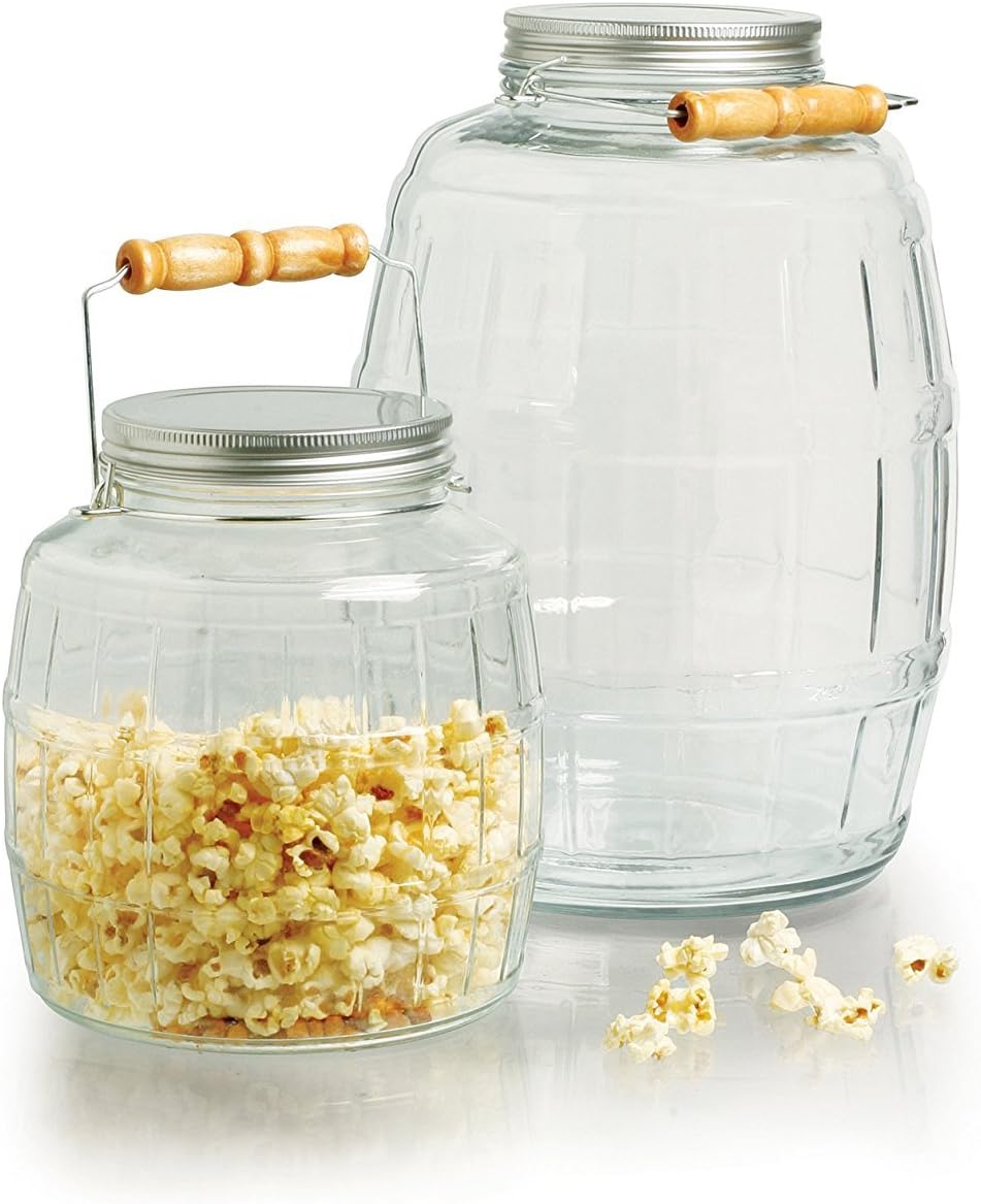 1 Gallon Anchor Hocking Glass Barrel Jar with Lid - 2 Piece Set, Brushed Metal Lid, Screwable Closure