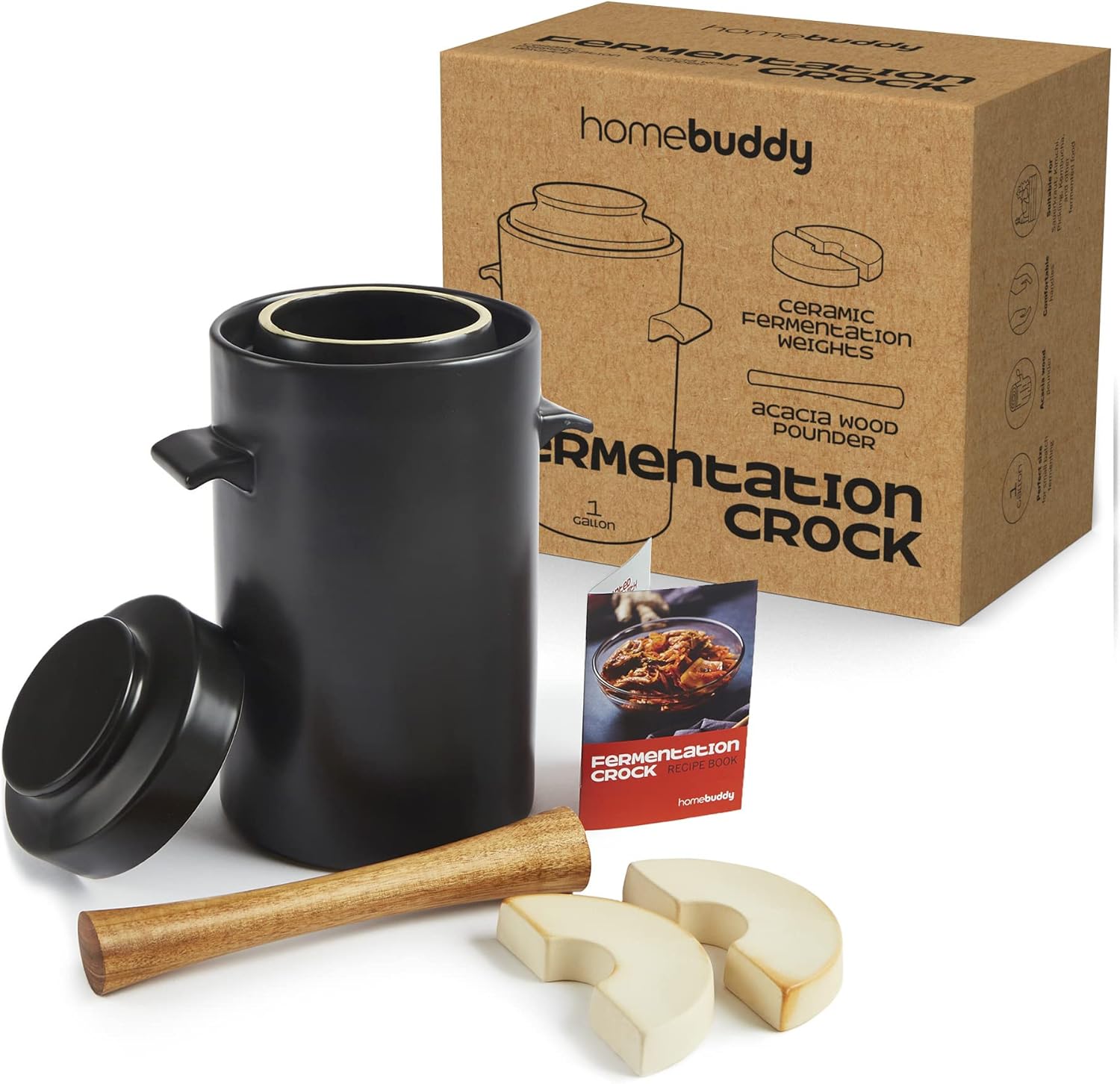 1 Gallon Fermentation Crock Kit with Weights, Acacia Wood Pounder, and Recipe Book - Sauerkraut & Kimchi Fermenting Crock Jar for Pickling or Sourdough