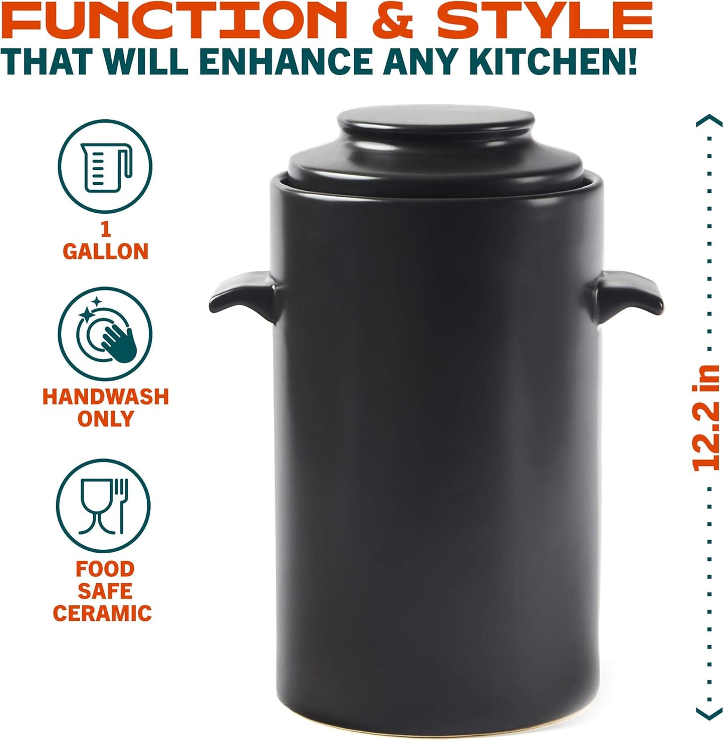 1 Gallon Fermentation Crock Kit with Weights, Acacia Wood Pounder, and Recipe Book - Sauerkraut & Kimchi Fermenting Crock Jar for Pickling or Sourdough