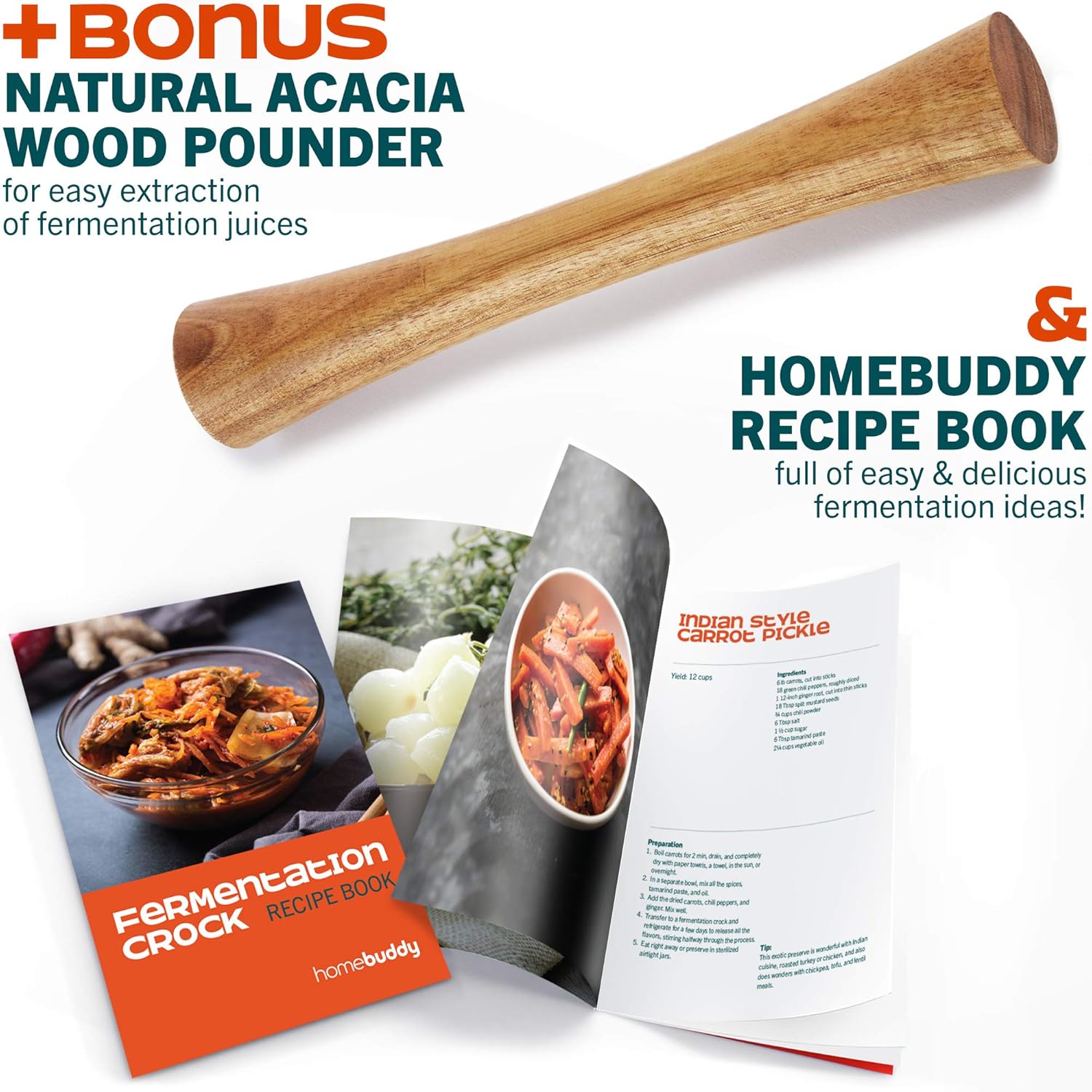 1 Gallon Fermentation Crock Kit with Weights, Acacia Wood Pounder, and Recipe Book - Sauerkraut & Kimchi Fermenting Crock Jar for Pickling or Sourdough