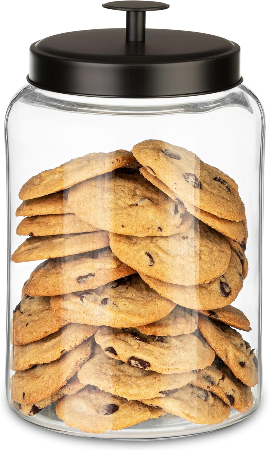 1 Gallon Glass Cookie Jar with Matte Black Metal Lid - Airtight Storage Container for Food, Treats, Candy, Dried Goods - Ideal for Kitchen or Laundry Room - 1 Pack