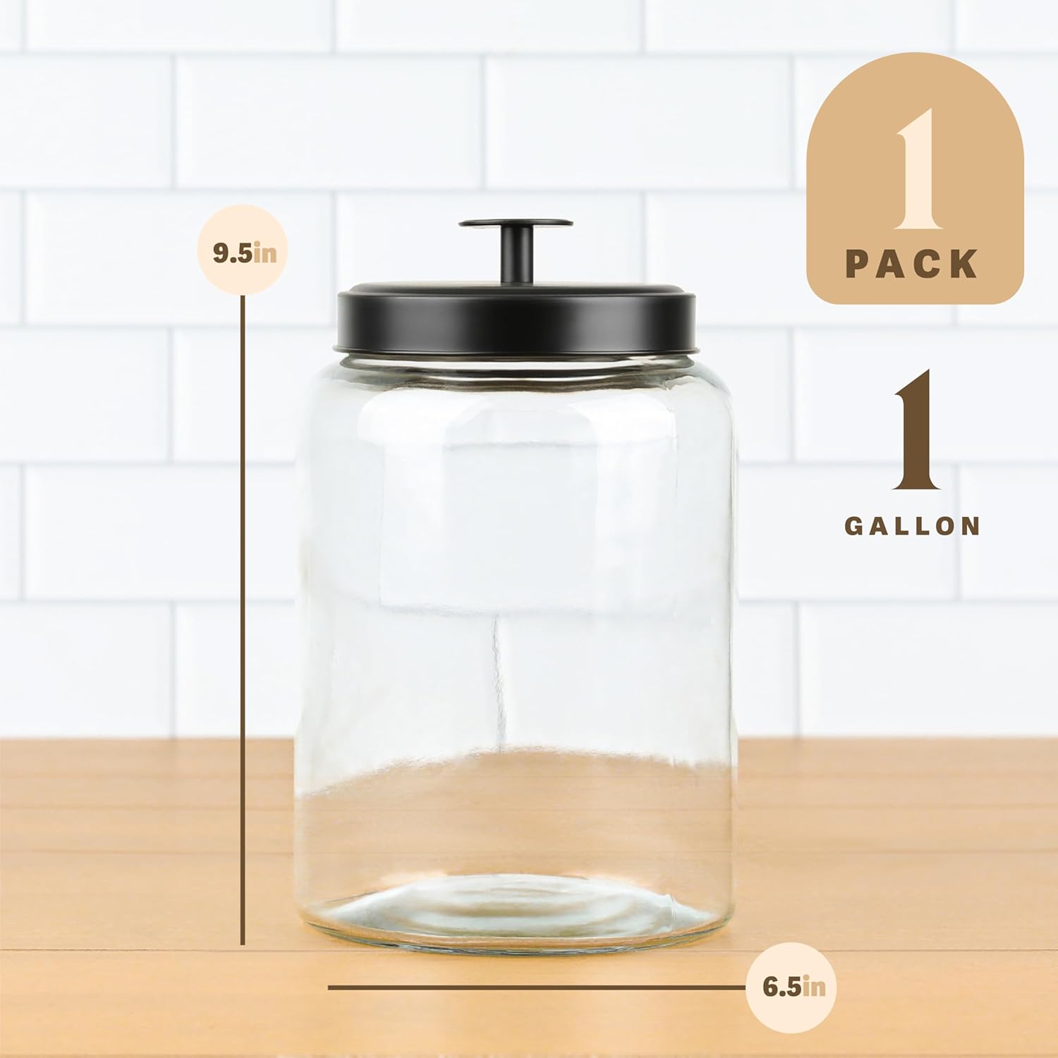 1 Gallon Glass Cookie Jar with Matte Black Metal Lid - Airtight Storage Container for Food, Treats, Candy, Dried Goods - Ideal for Kitchen or Laundry Room - 1 Pack