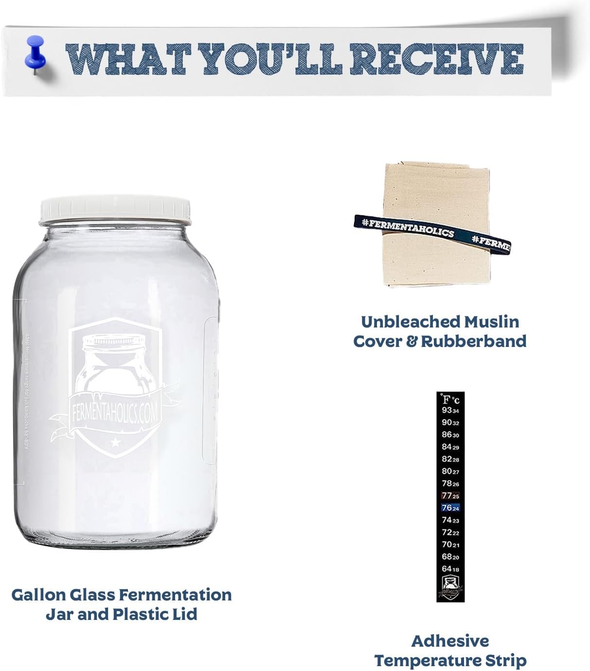 1 Gallon Glass Kombucha Jar Kit with Brew Notes - Includes Muslin Cover, Rubber Band, Marker, and Lid - Ideal Home for SCOBY