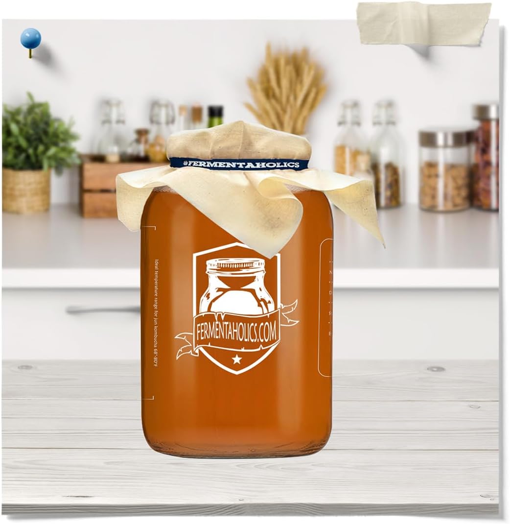 1 Gallon Glass Kombucha Jar Kit with Brew Notes - Includes Muslin Cover, Rubber Band, Marker, and Lid - Ideal Home for SCOBY