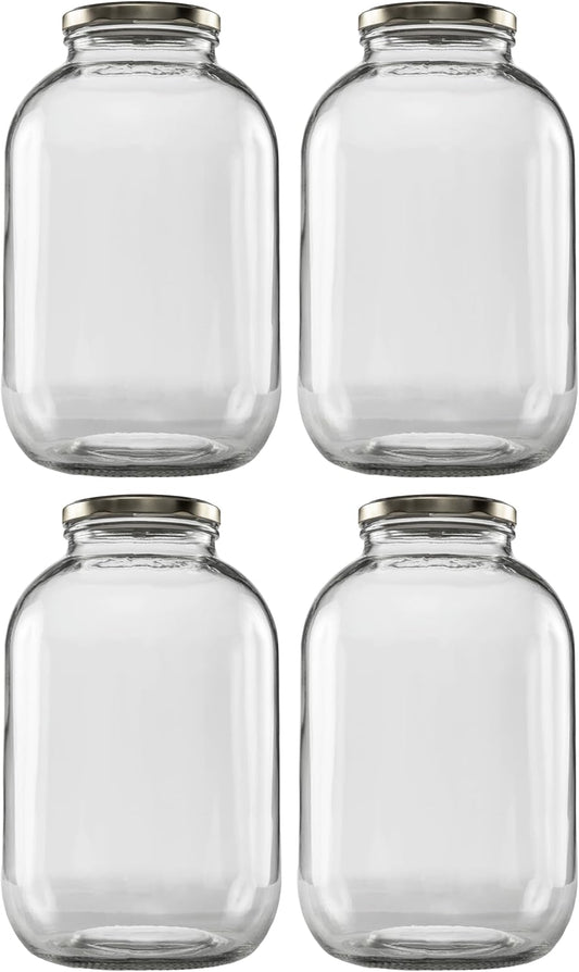 1 Gallon Glass Wide Mouth Jar with Gold Cap Metal Lug Lid - Clearview Containers, 128oz, 4 Pack