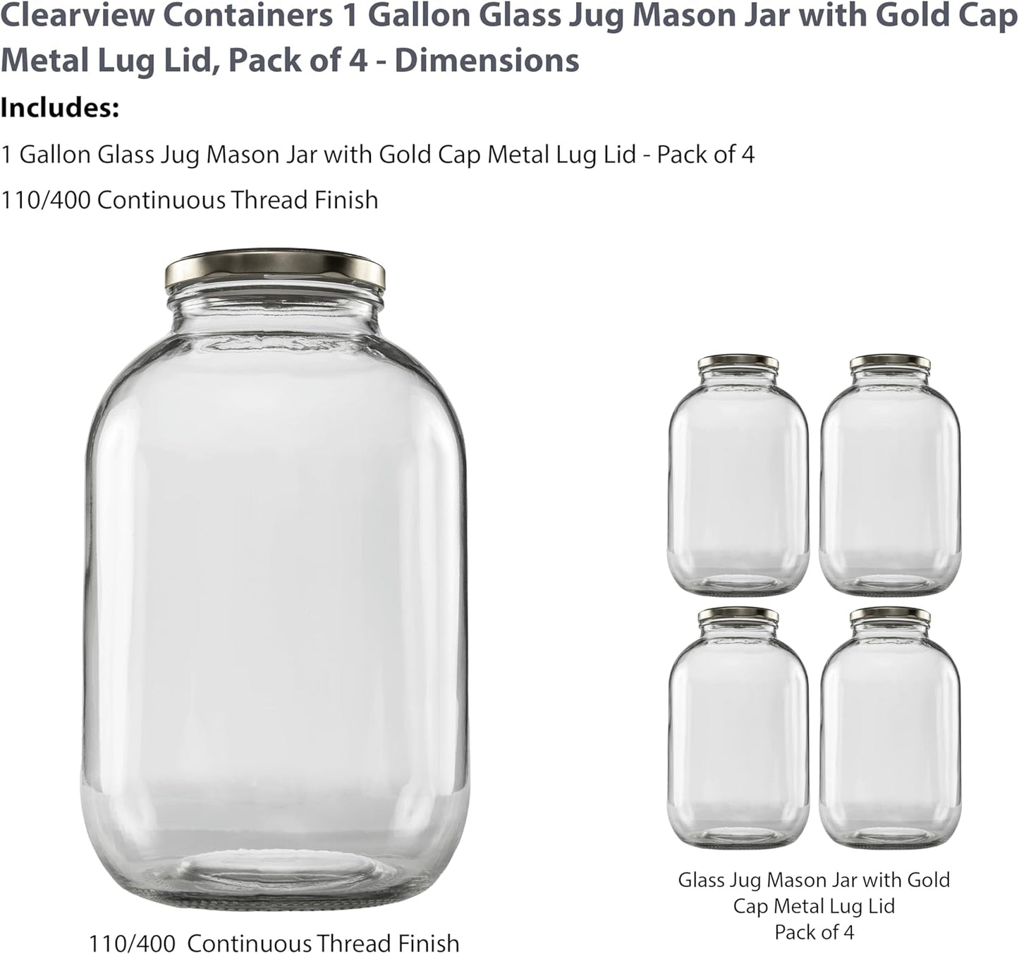 1 Gallon Glass Wide Mouth Jar with Gold Cap Metal Lug Lid - Clearview Containers, 128oz, 4 Pack