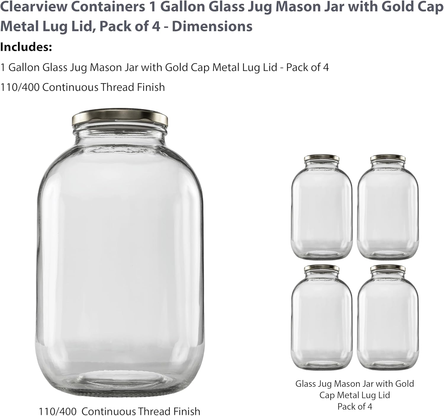 1 Gallon Glass Wide Mouth Jar with Gold Cap Metal Lug Lid - Clearview Containers, 128oz, 4 Pack
