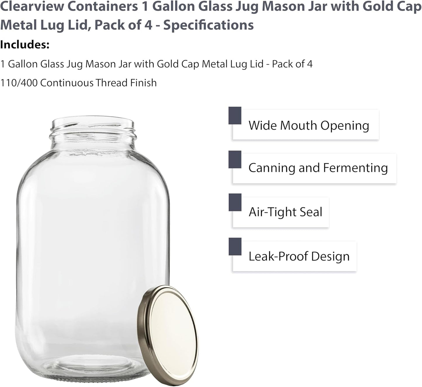 1 Gallon Glass Wide Mouth Jar with Gold Cap Metal Lug Lid - Clearview Containers, 128oz, 4 Pack