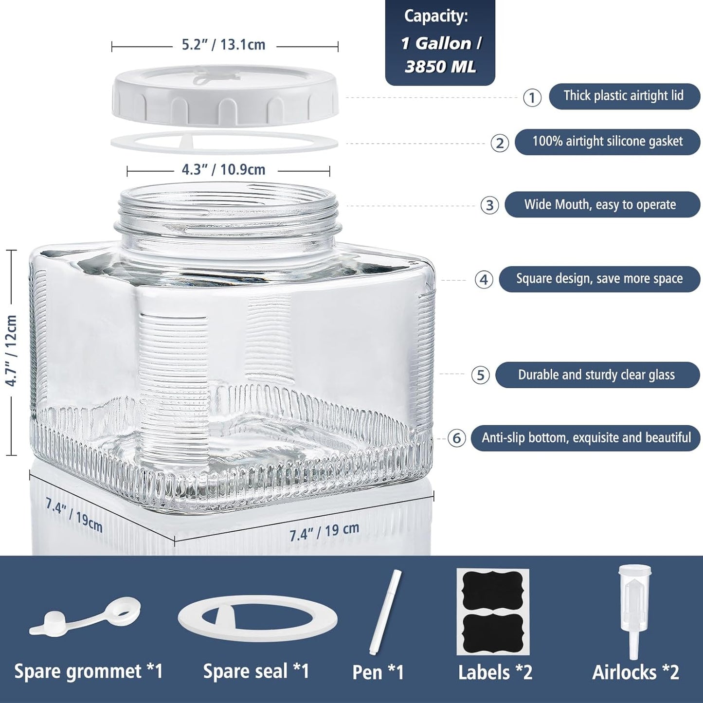 1 Gallon Wide Mouth Fermentation Jar Set with Screw Lid, Airlocks, and Extra Accessories - Airtight Glass Mason Jar for Sourdough Starter