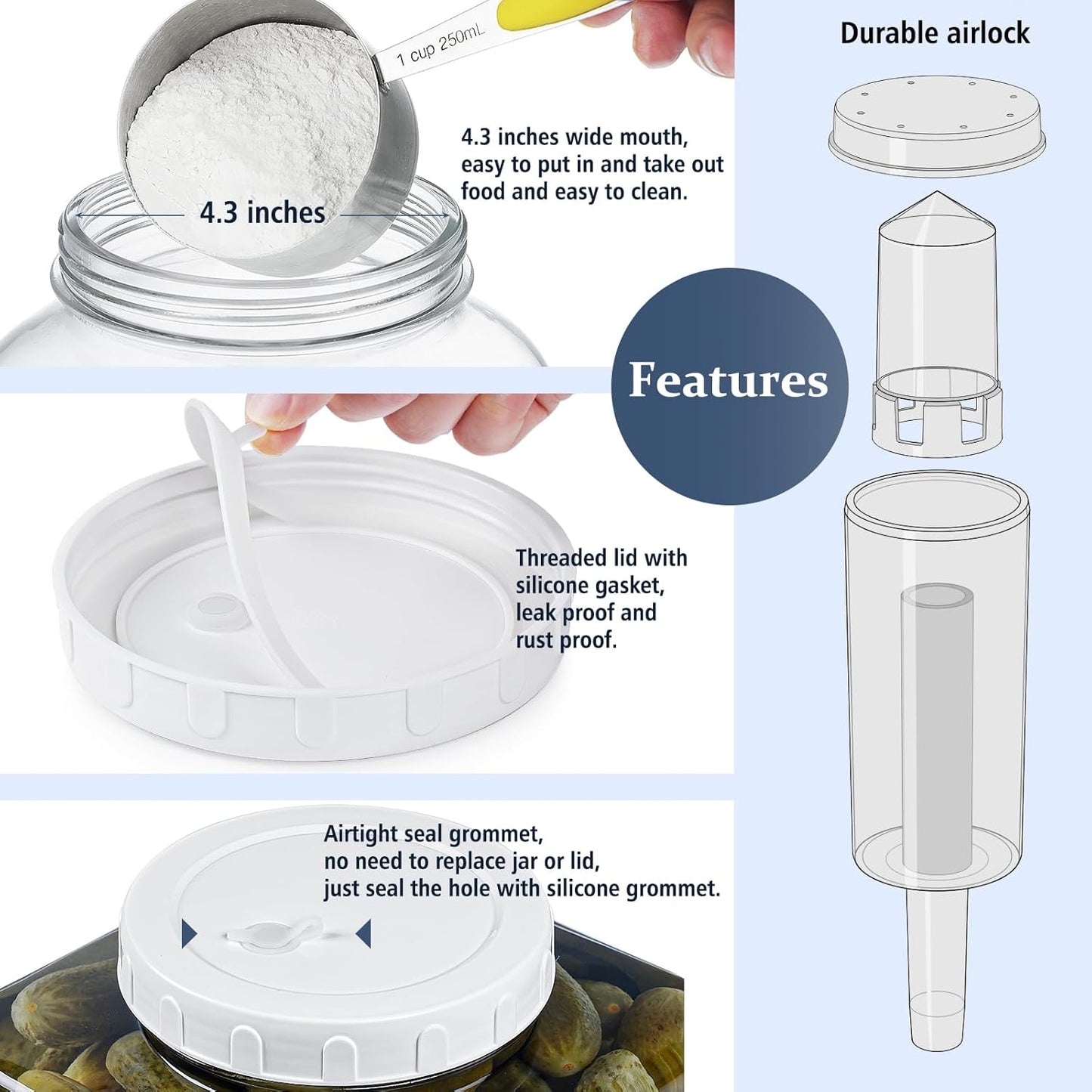 1 Gallon Wide Mouth Fermentation Jar Set with Screw Lid, Airlocks, and Extra Accessories - Airtight Glass Mason Jar for Sourdough Starter
