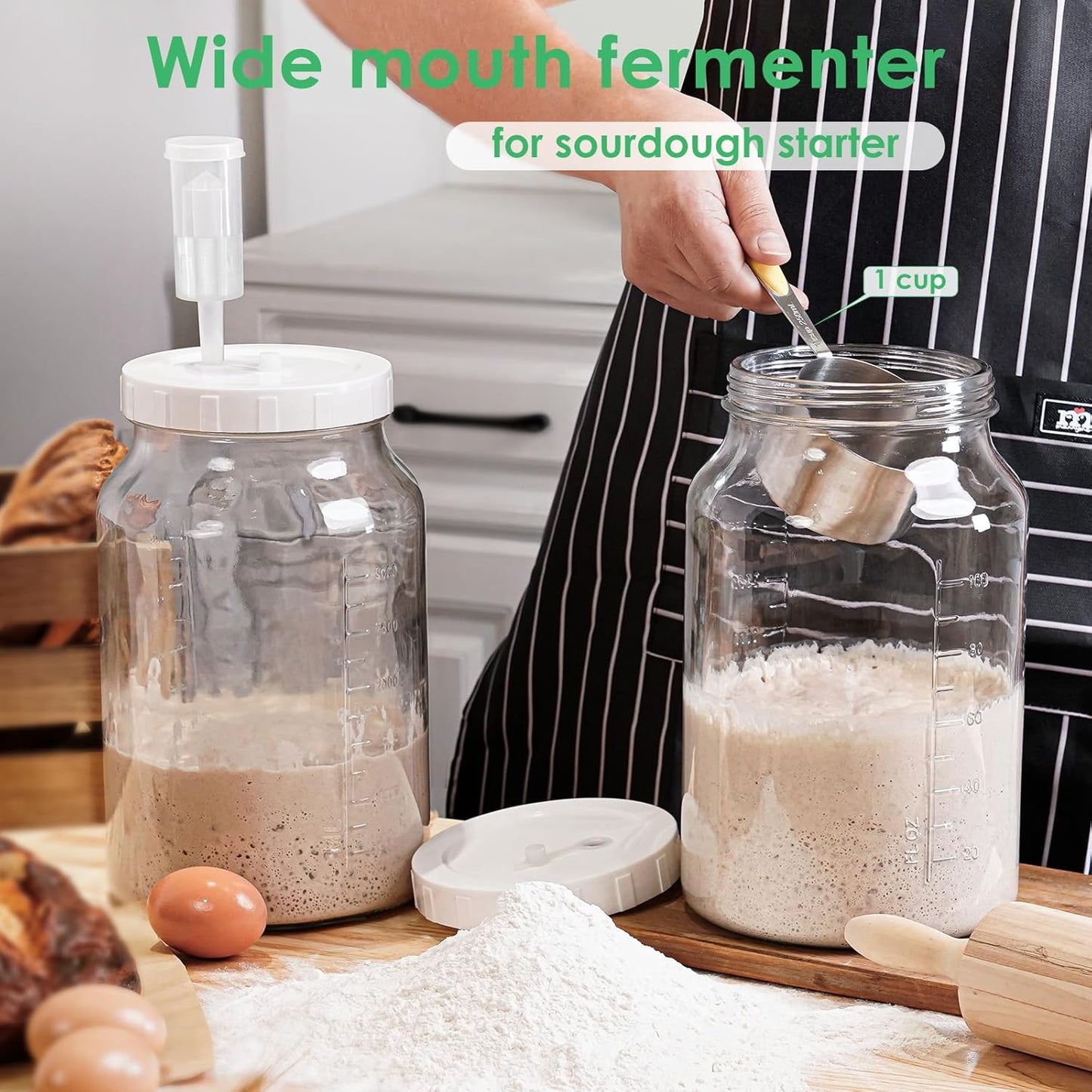 1 Gallon Wide Mouth Glass Fermentation Jar with Airlock, Airtight Screw Lid, Scale Mark, Heavy Duty Silicone Gaskets, Pickle Jar