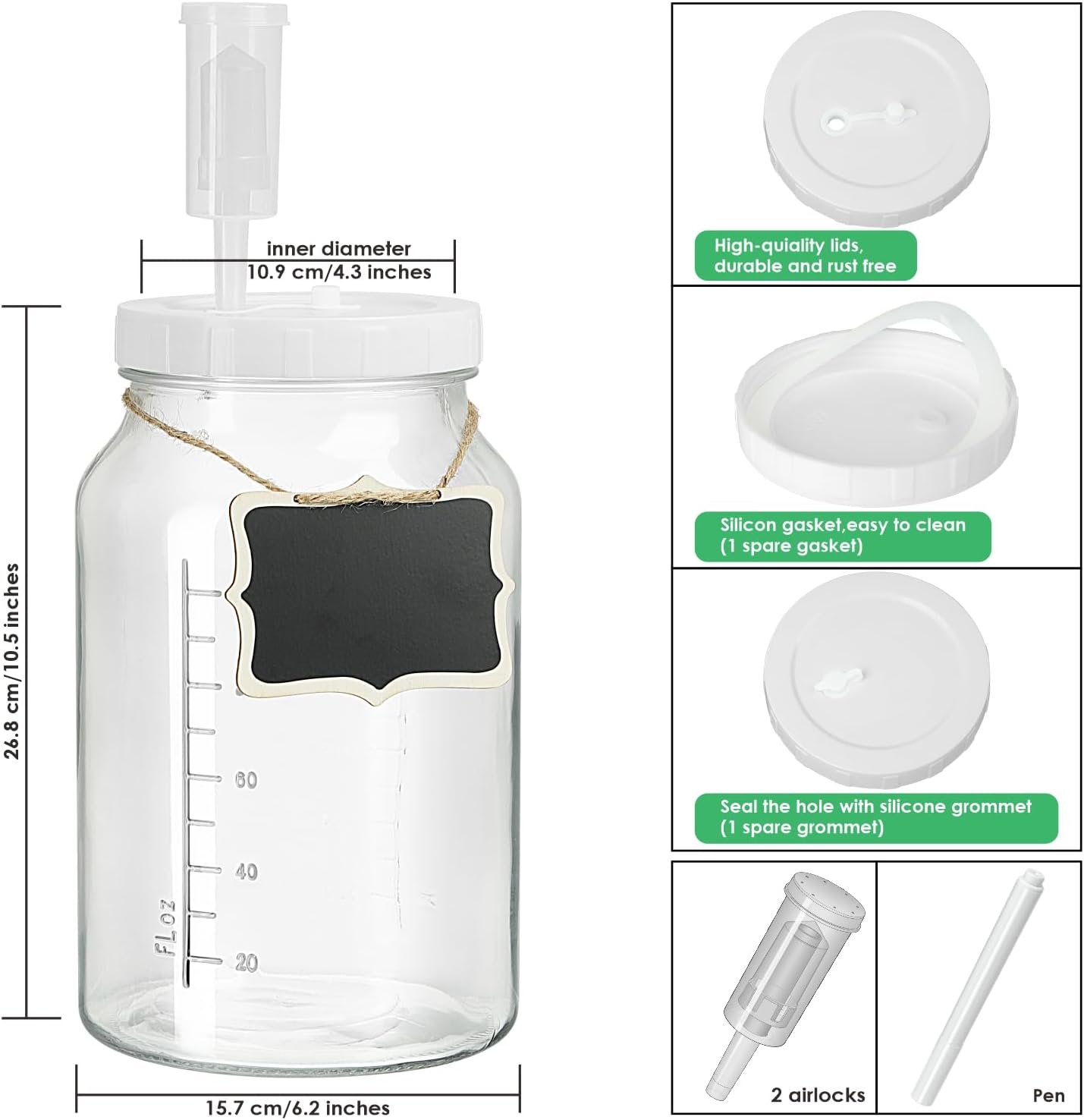 1 Gallon Wide Mouth Glass Fermentation Jar with Airlock, Airtight Screw Lid, Scale Mark, Heavy Duty Silicone Gaskets, Pickle Jar