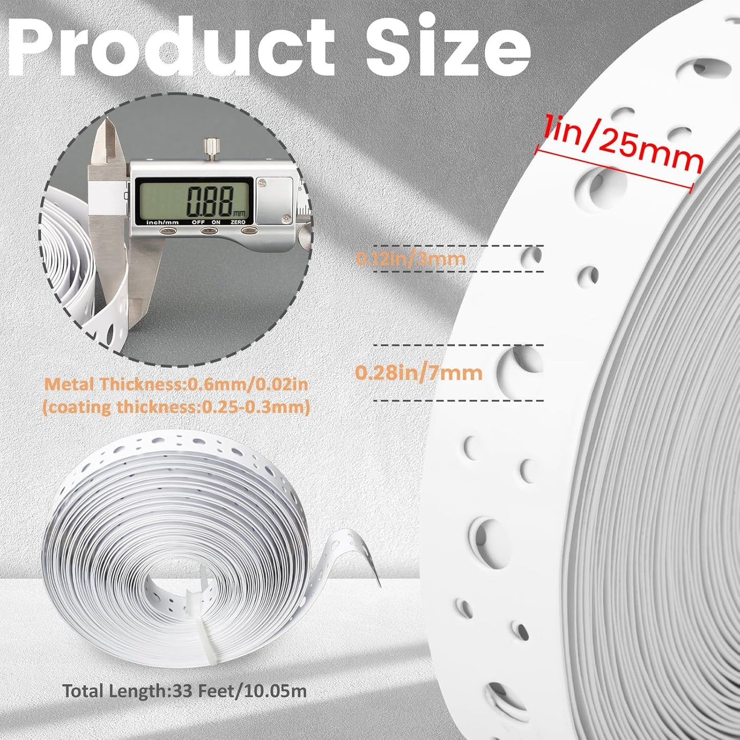 1-Inch x 33FT AxiSculpt White Coating Metal Strapping - 0.6mm Thickness, Pipe Support, Hanger Strap with Holes, Flexible Trimming