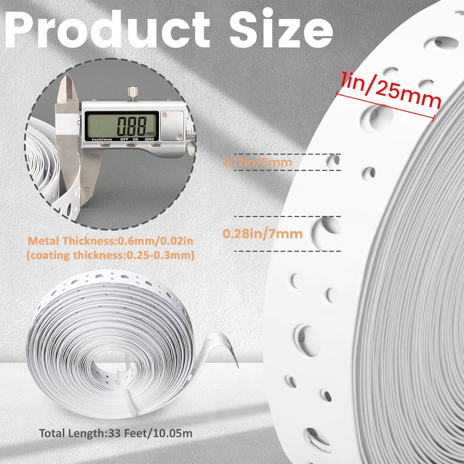 1-Inch x 33FT AxiSculpt White Coating Metal Strapping - 0.6mm Thickness, Pipe Support, Hanger Strap with Holes, Flexible Trimming