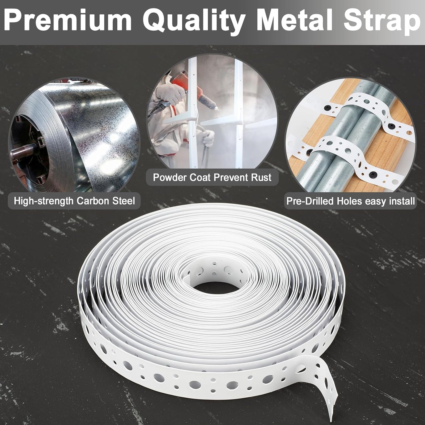 1-Inch x 33FT AxiSculpt White Coating Metal Strapping - 0.6mm Thickness, Pipe Support, Hanger Strap with Holes, Flexible Trimming