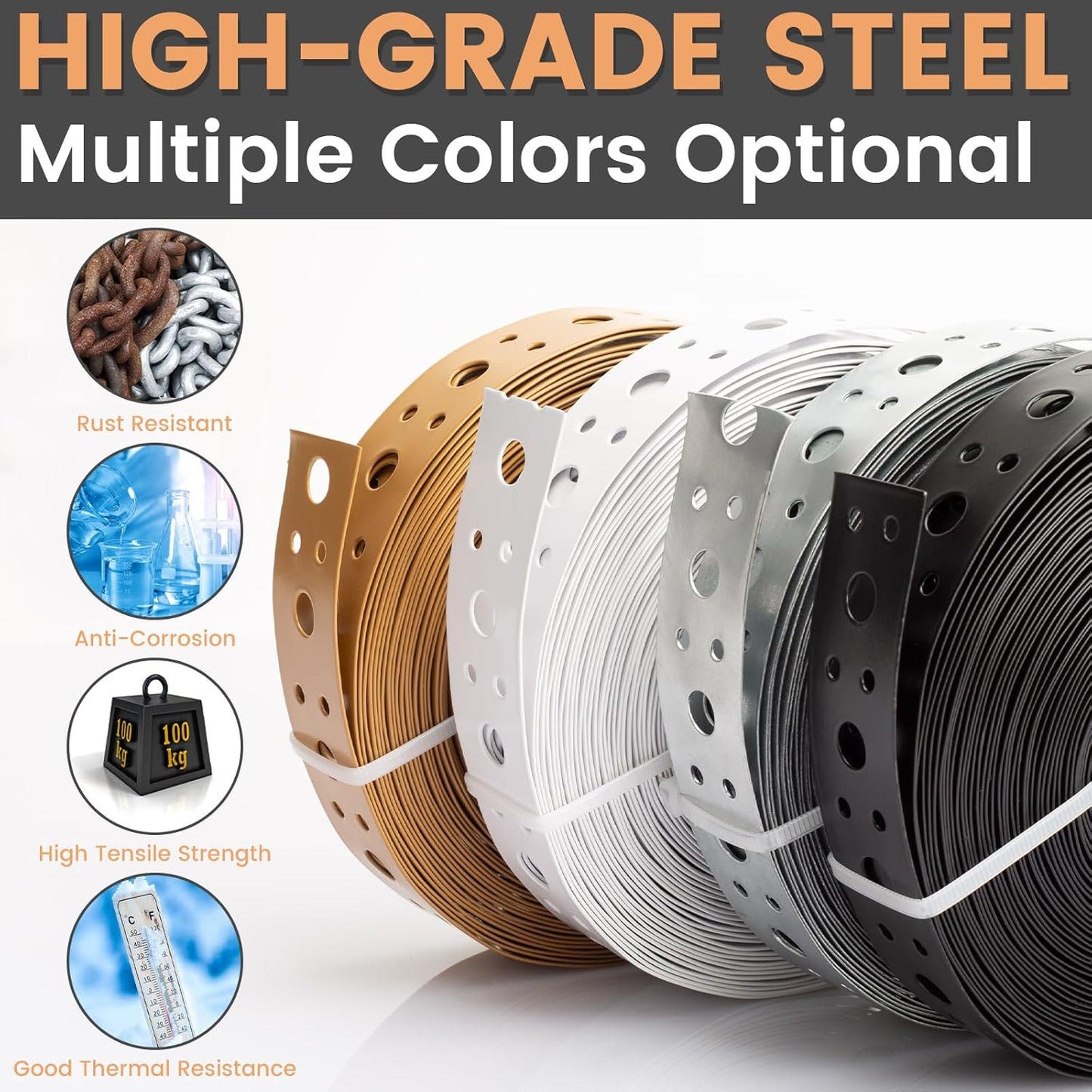 1-Inch x 33FT AxiSculpt White Coating Metal Strapping - 0.6mm Thickness, Pipe Support, Hanger Strap with Holes, Flexible Trimming