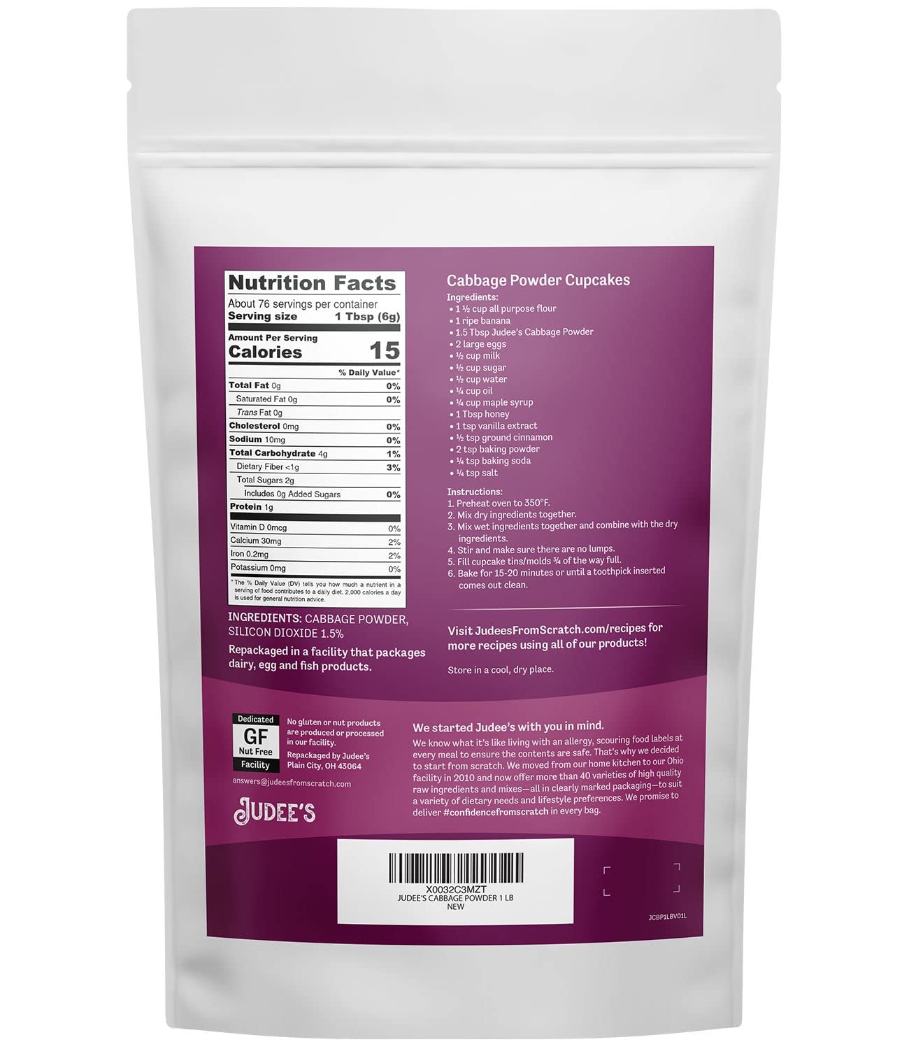 1 lb Gluten-Free Cabbage Powder by Judee's - Non-GMO, Nut-Free, Rich in Nutrients - Ideal for Baking, Seasoning, Smoothies, and Shakes