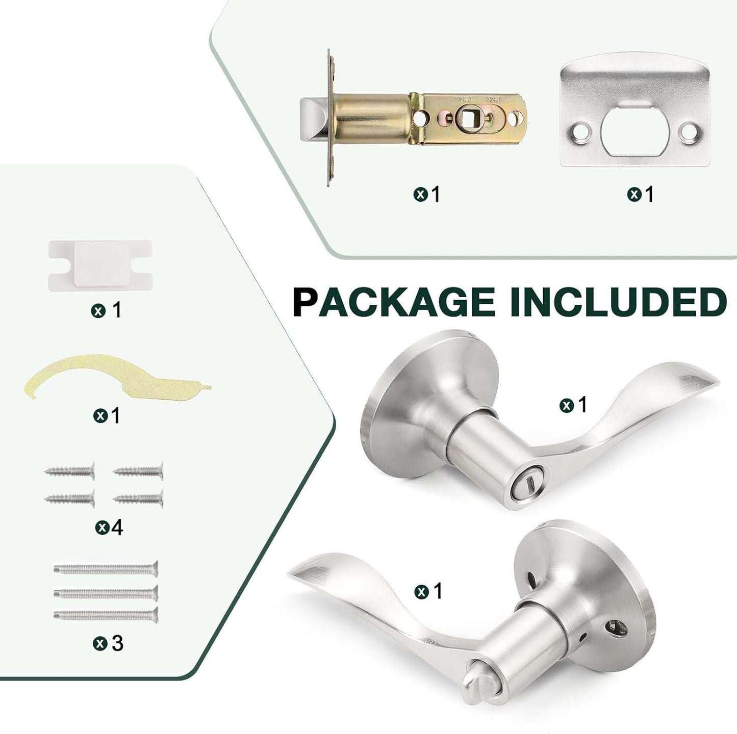 1-Pack Brushed Nickel Privacy Door Levers for Bedroom & Bathroom - Wave Lever Handles