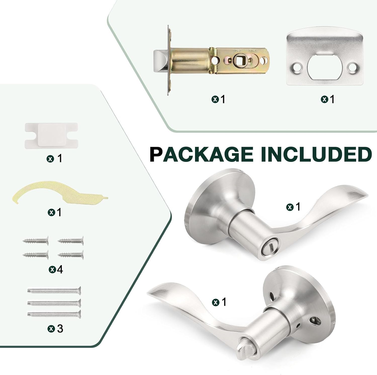 1-Pack Brushed Nickel Privacy Door Levers for Bedroom & Bathroom - Wave Lever Handles