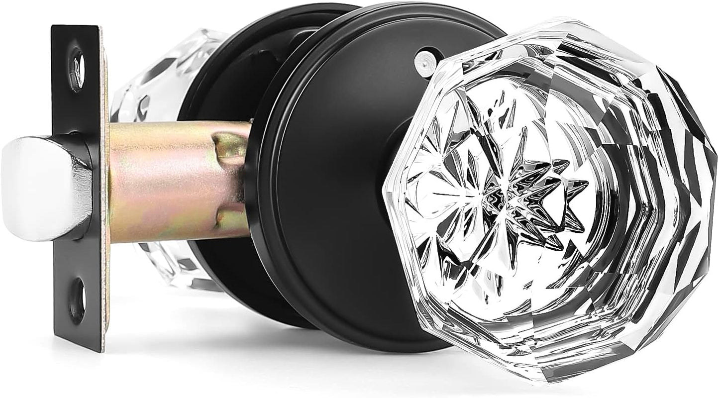 1 Pack Glass Door Knob with Black Rosette for Privacy Use, Keyless Interior Handle - Diamond Shape Crystal Glass