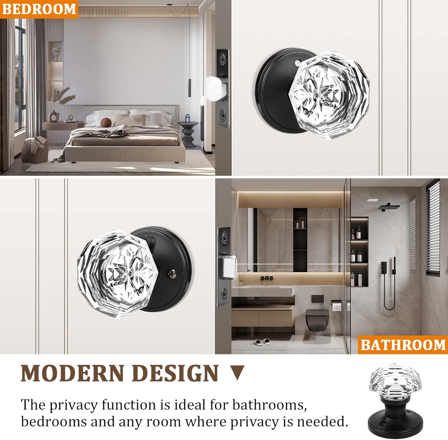 1 Pack Glass Door Knob with Black Rosette for Privacy Use, Keyless Interior Handle - Diamond Shape Crystal Glass
