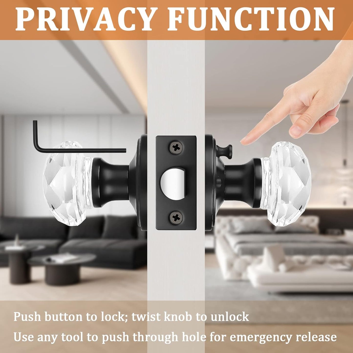 1 Pack Glass Door Knob with Black Rosette for Privacy Use, Keyless Interior Handle - Diamond Shape Crystal Glass
