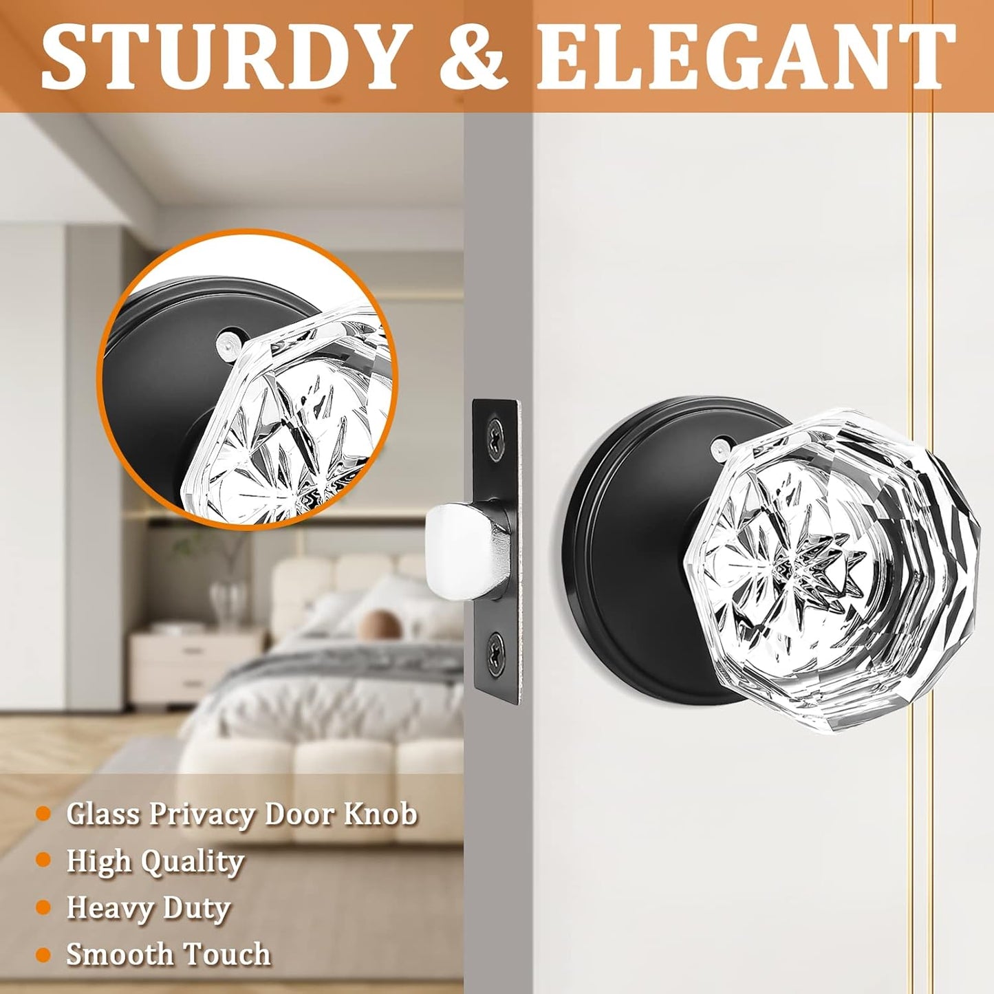 1 Pack Glass Door Knob with Black Rosette for Privacy Use, Keyless Interior Handle - Diamond Shape Crystal Glass