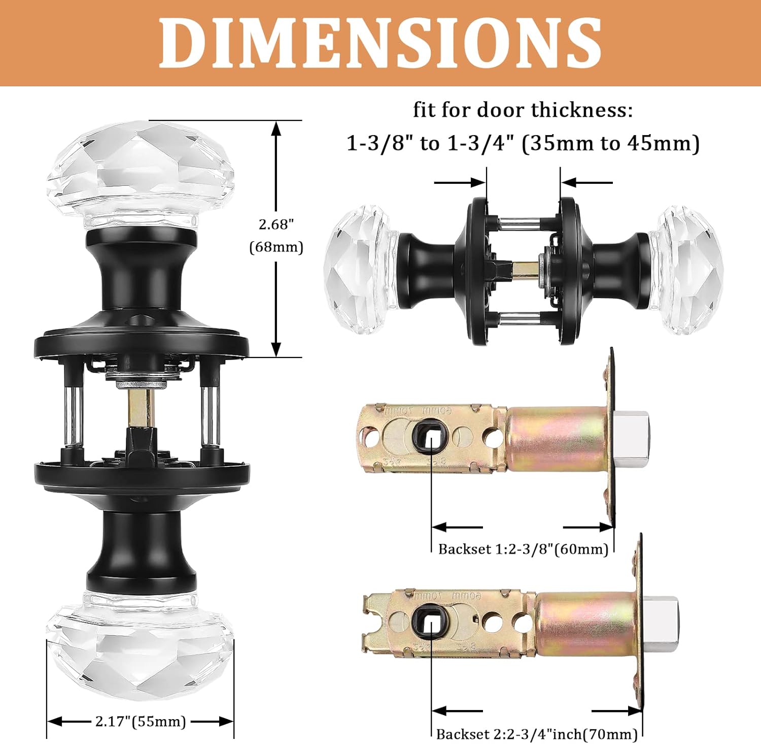 1 Pack Glass Door Knob with Black Rosette for Privacy Use, Keyless Interior Handle - Diamond Shape Crystal Glass