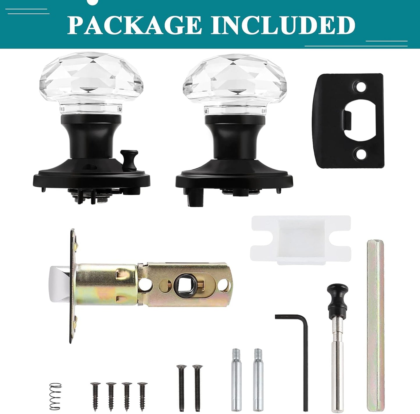 1 Pack Glass Door Knob with Black Rosette for Privacy Use, Keyless Interior Handle - Diamond Shape Crystal Glass