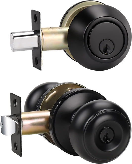 1 Pack Keyed Alike Entry Door Knobs and Deadbolt Lock Combo Set for Front Door - Matte Black Finish