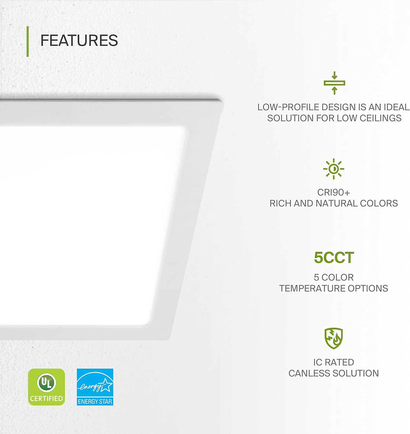 1 Pack LED Square Recessed Lighting 12 Inch, 5 CCT Options, 24W Dimmable Ceiling Lights - Ultra Thin Design, Canless Wafer Downlight, Slim Panel Light - Energy Star Certified White Color