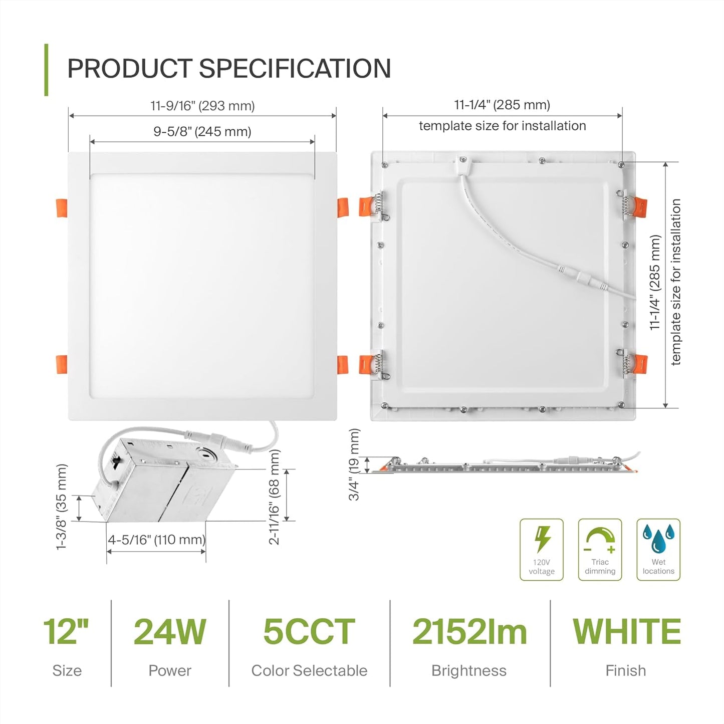 1 Pack LED Square Recessed Lighting 12 Inch, 5 CCT Options, 24W Dimmable Ceiling Lights - Ultra Thin Design, Canless Wafer Downlight, Slim Panel Light - Energy Star Certified White Color