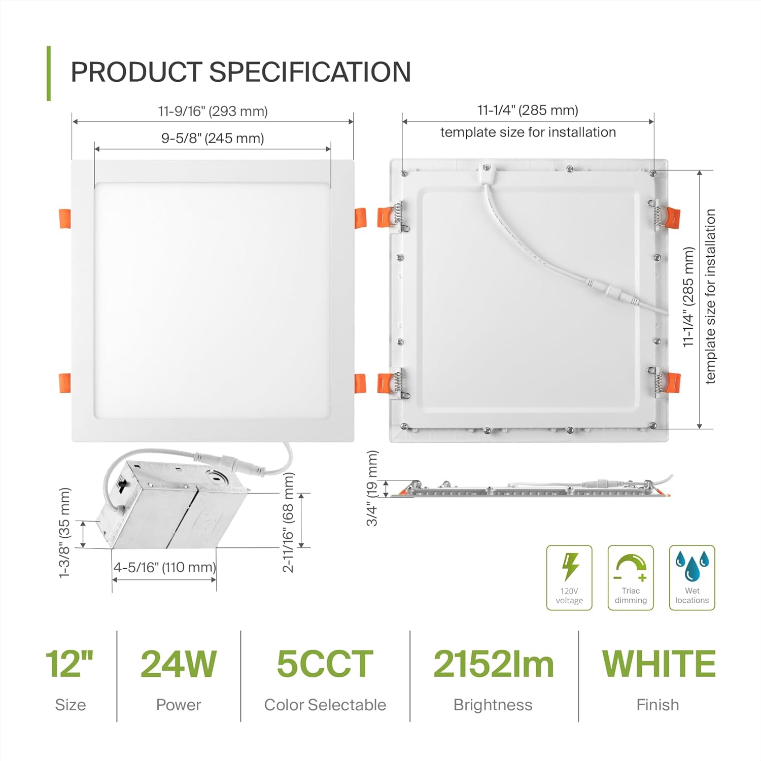 1 Pack LED Square Recessed Lighting 12 Inch, 5 CCT Options, 24W Dimmable Ceiling Lights - Ultra Thin Design, Canless Wafer Downlight, Slim Panel Light - Energy Star Certified White Color