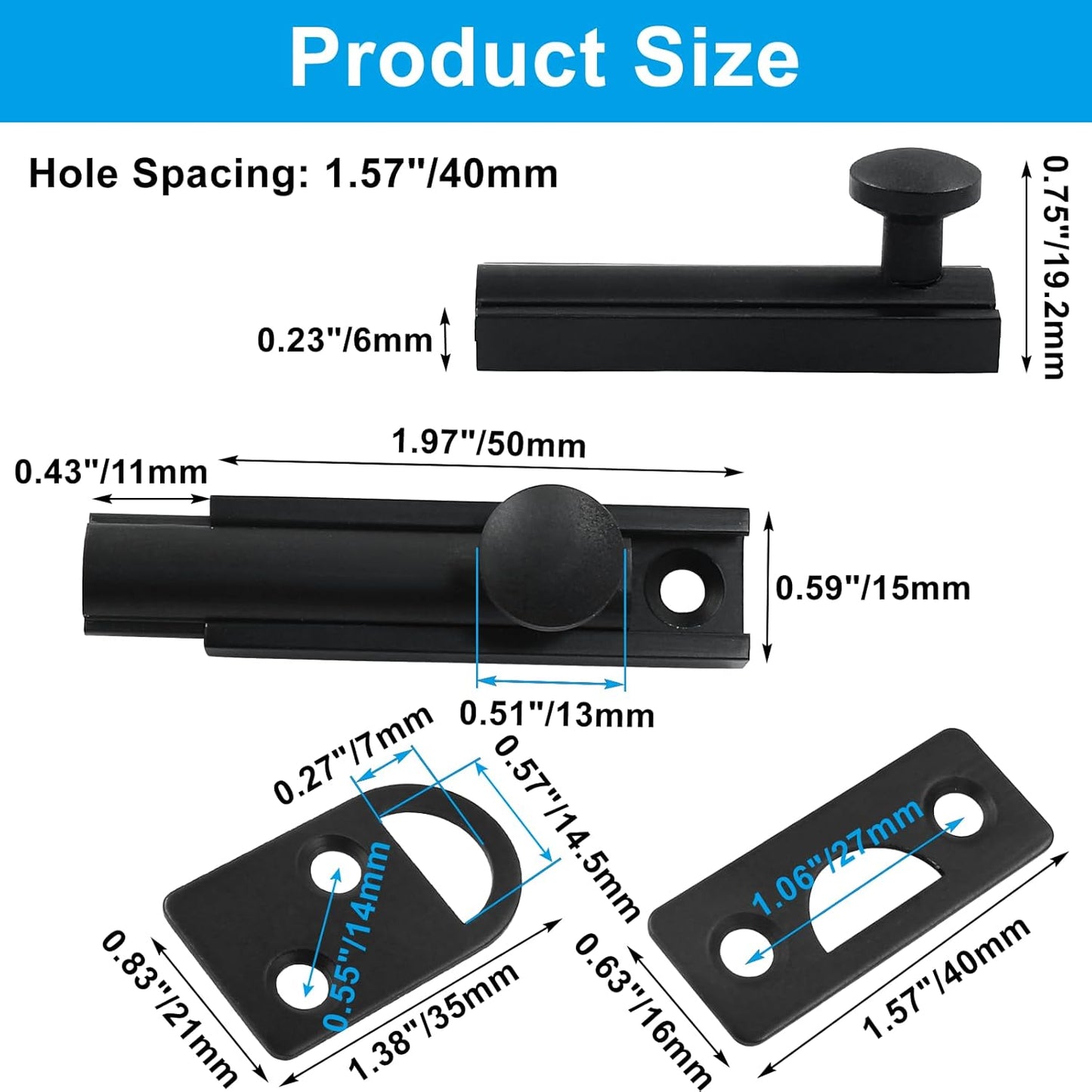 1 Pack Matte Black Solid Brass 2" Surface Bolt for French Doors and Gates