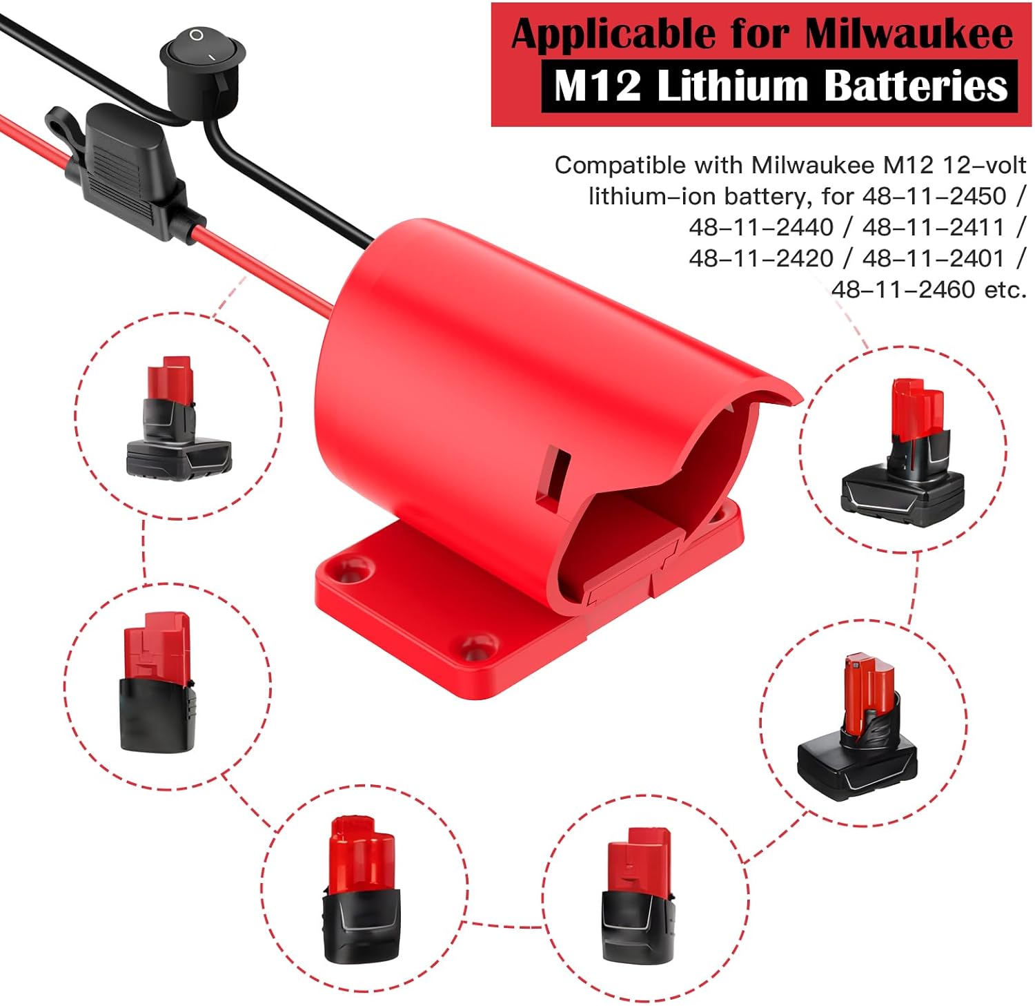 1-Pack Milwaukee M12 Battery Adapter Conversion Kit with Switch & Fuse - 12V Power Connector for DIY RC Cars and Robotics