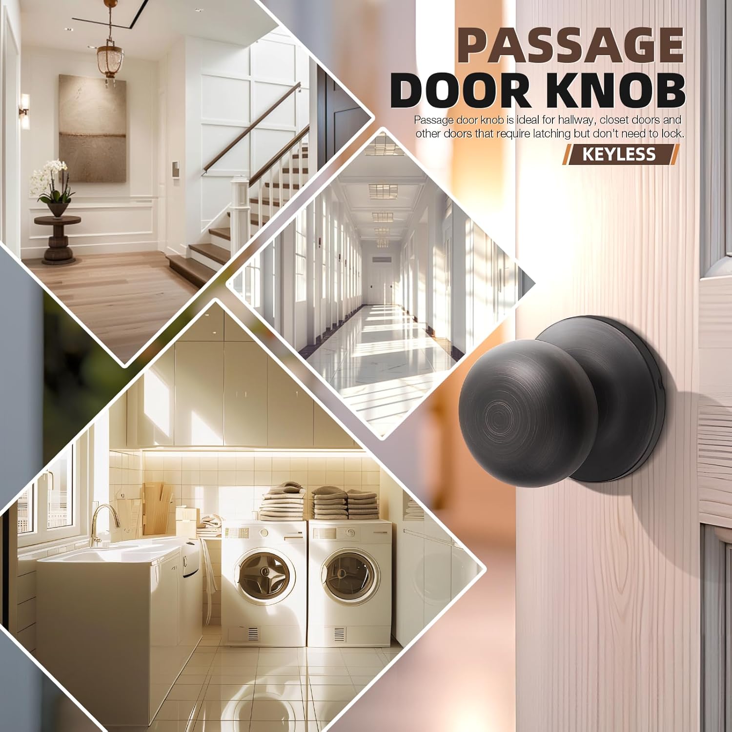 1-Pack Oil Rubbed Bronze Passage Door Knob Set - Keyless Interior Closet Hall Locking Round Knob
