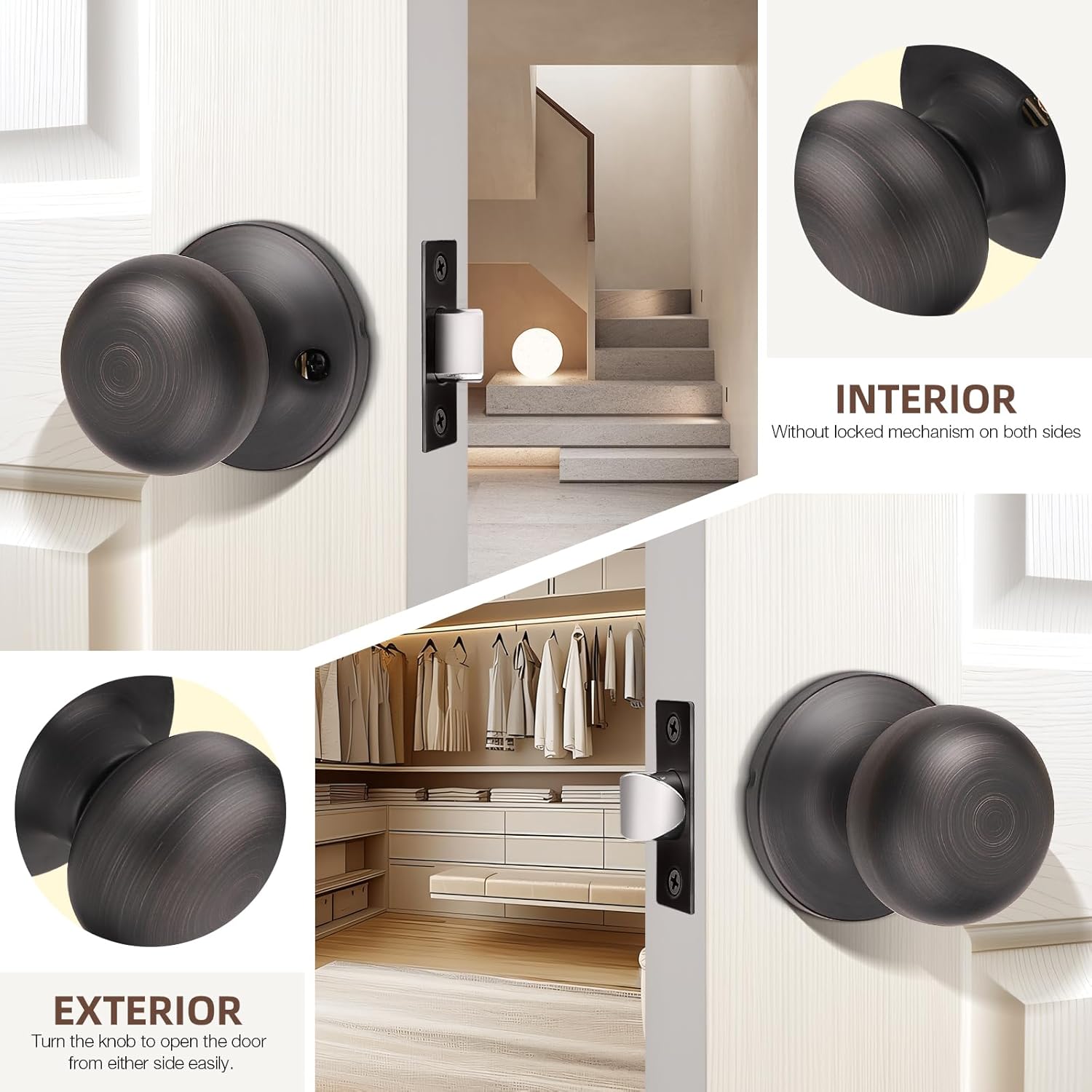 1-Pack Oil Rubbed Bronze Passage Door Knob Set - Keyless Interior Closet Hall Locking Round Knob