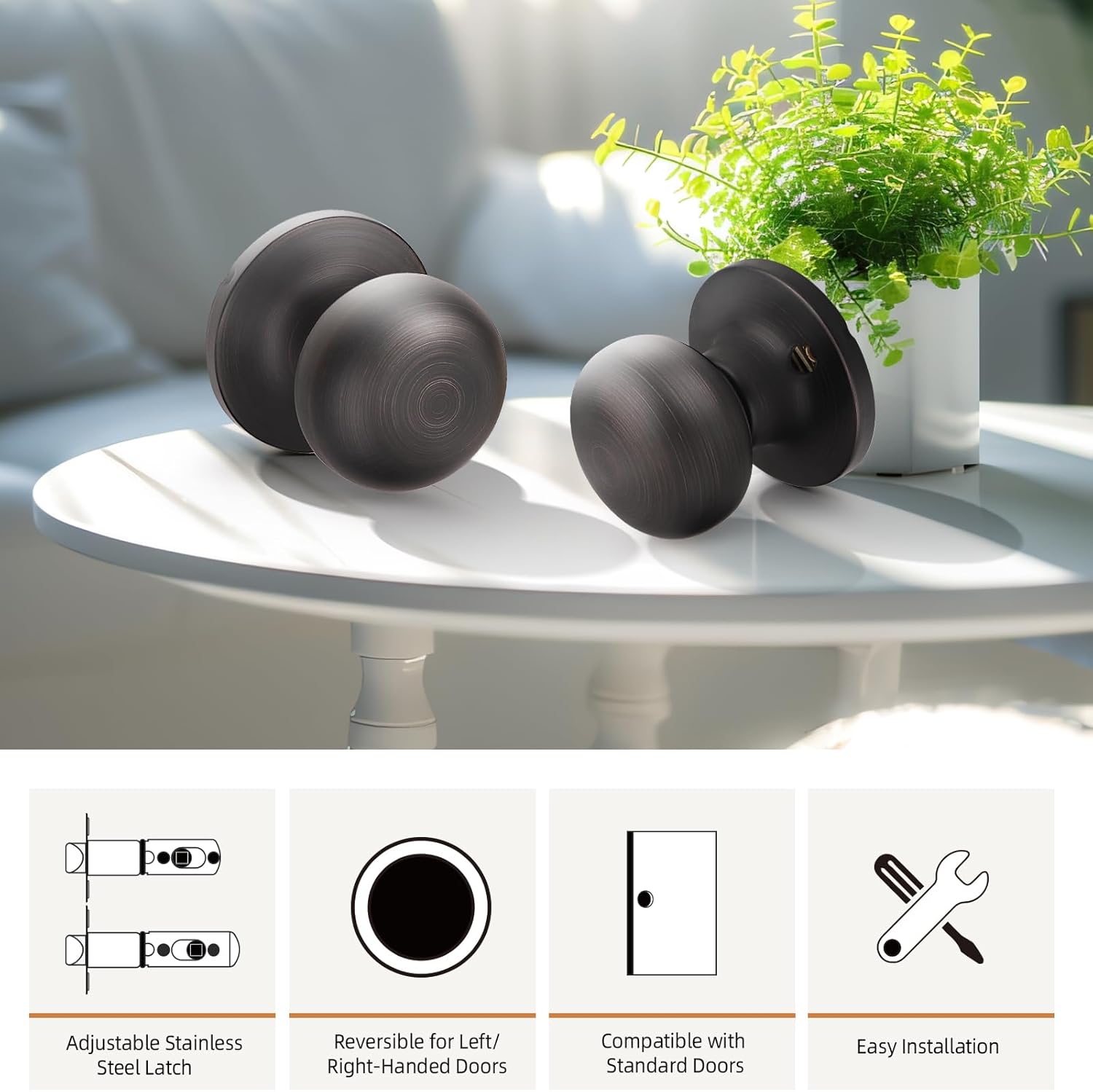 1-Pack Oil Rubbed Bronze Passage Door Knob Set - Keyless Interior Closet Hall Locking Round Knob
