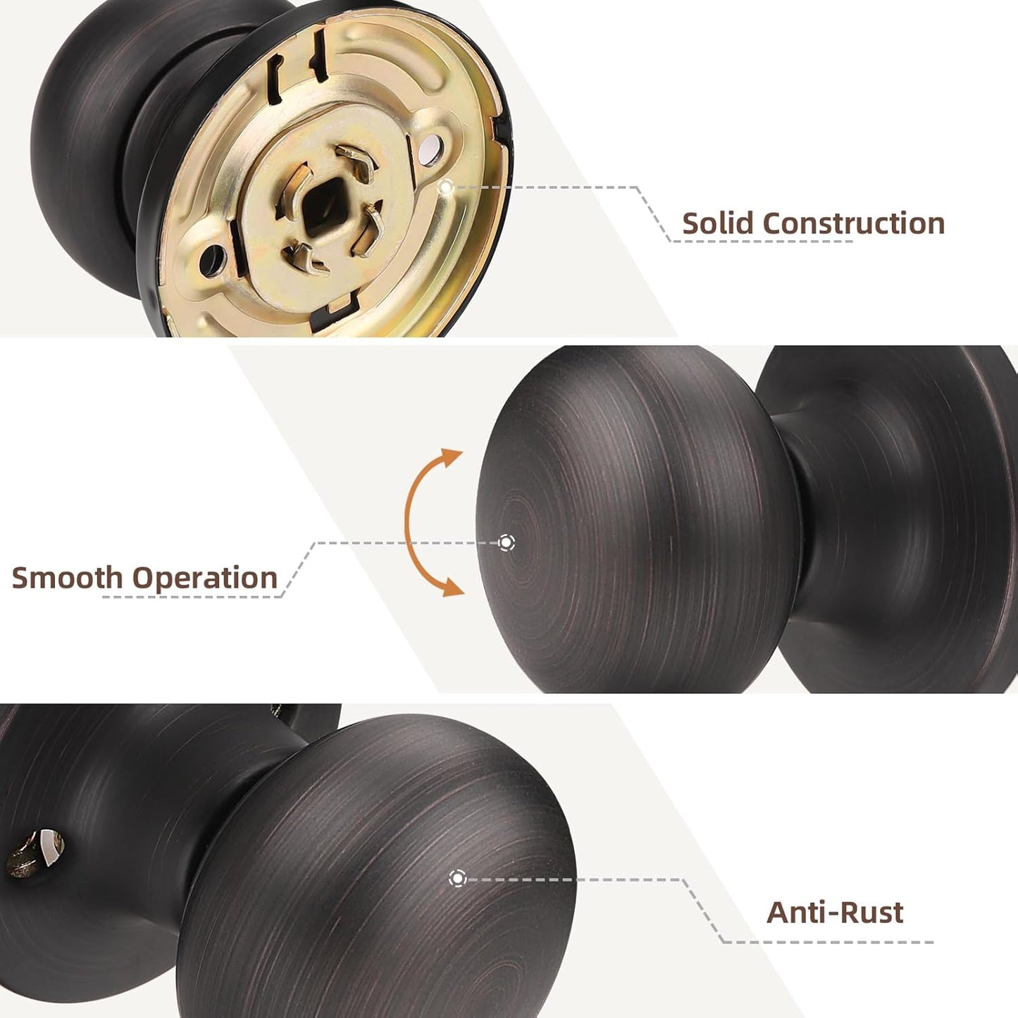 1-Pack Oil Rubbed Bronze Passage Door Knob Set - Keyless Interior Closet Hall Locking Round Knob