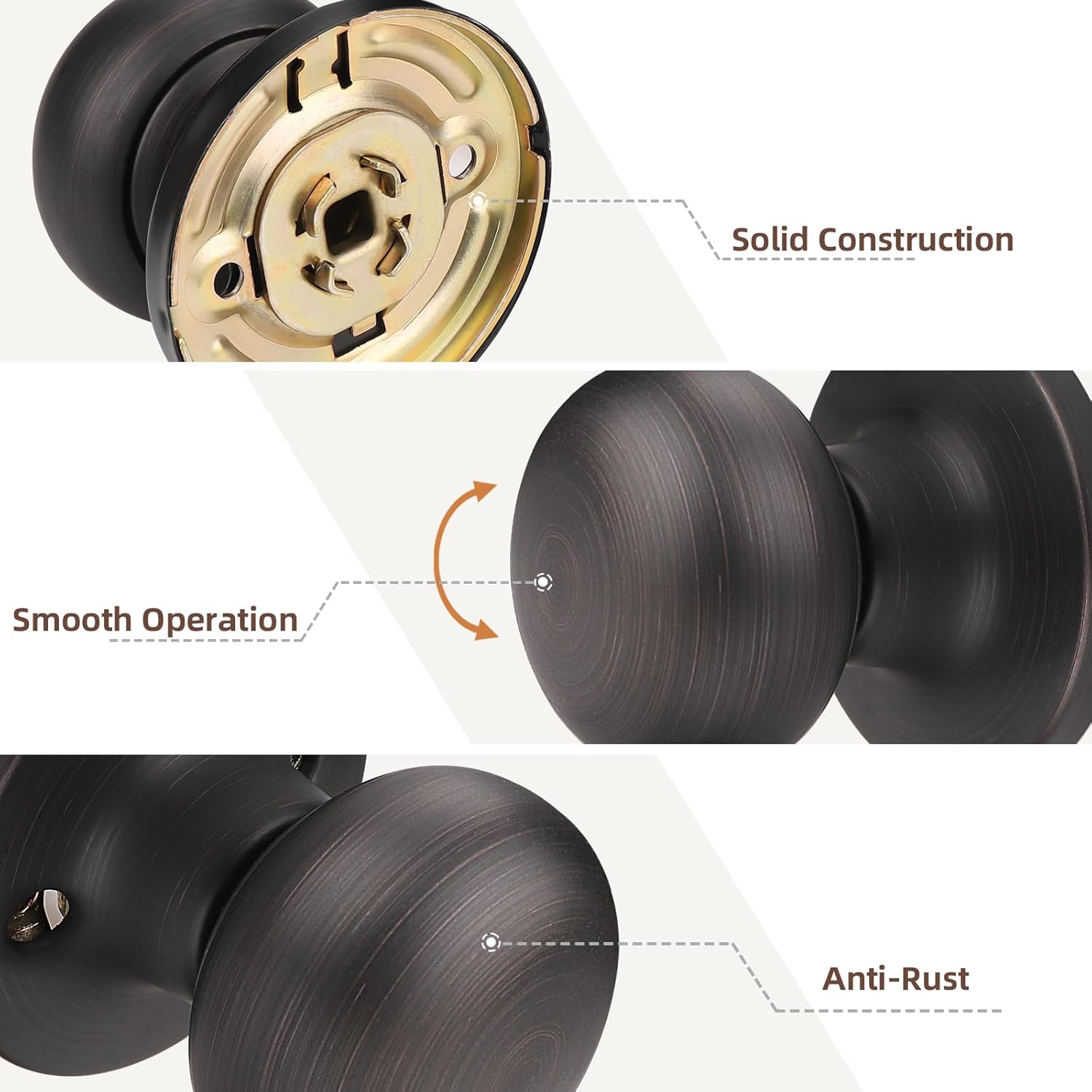 1-Pack Oil Rubbed Bronze Passage Door Knob Set - Keyless Interior Closet Hall Locking Round Knob