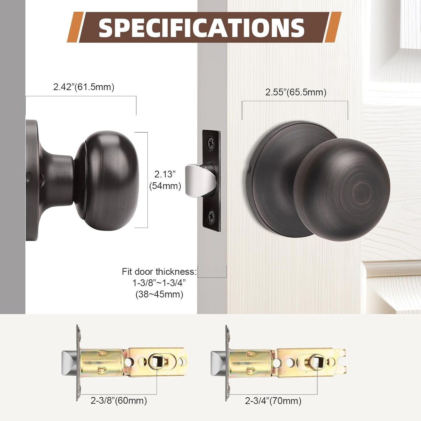 1-Pack Oil Rubbed Bronze Passage Door Knob Set - Keyless Interior Closet Hall Locking Round Knob