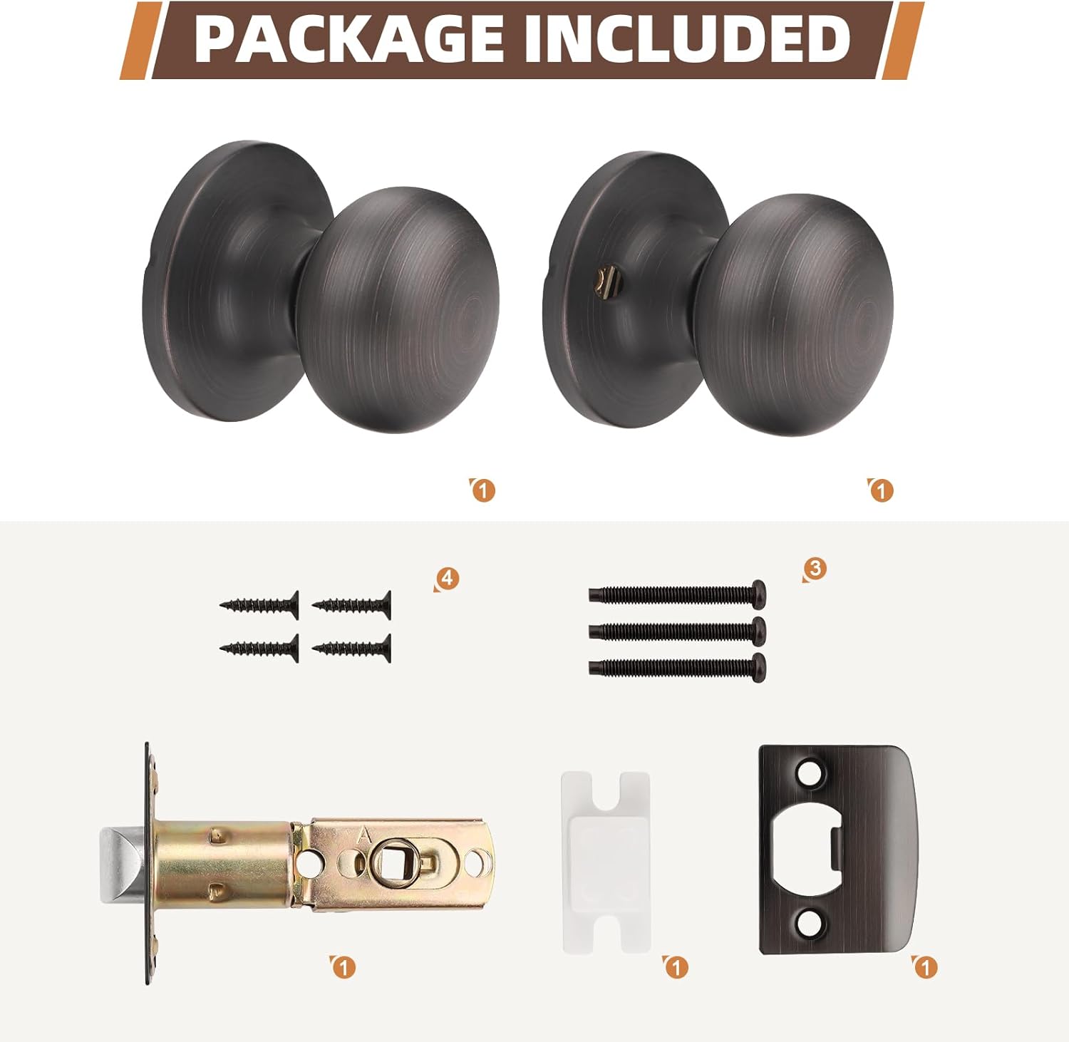 1-Pack Oil Rubbed Bronze Passage Door Knob Set - Keyless Interior Closet Hall Locking Round Knob