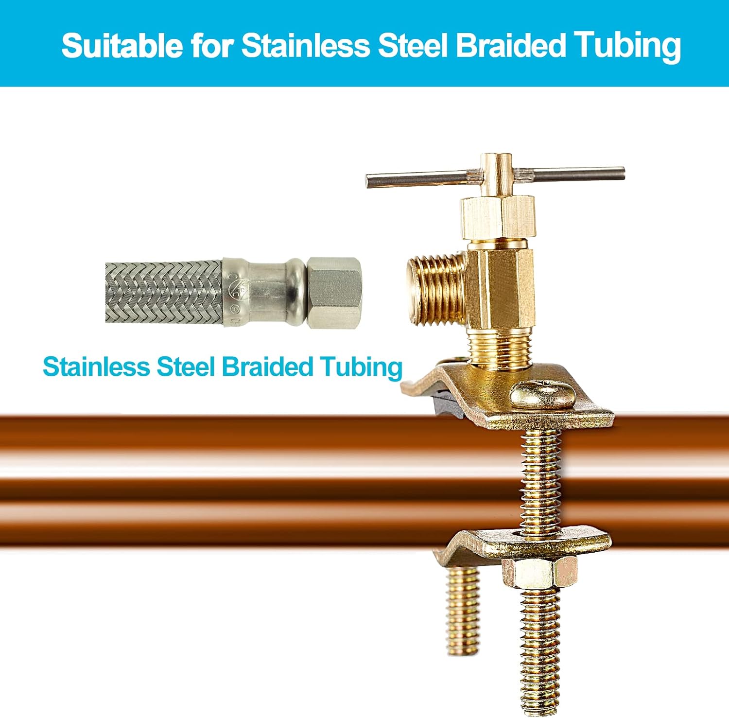 1 Pack PURENAT Self Piercing Saddle Valve with 1/4" Compression Outlet Brass Needle Valve for 3/8" to 1-6/15" Copper Pipe Installation