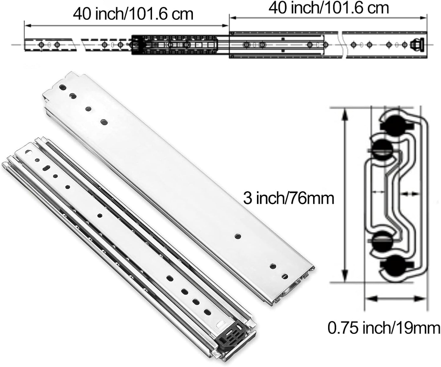 1 Pair of 40 Inch Heavy Duty Drawer Slides - 500 Lb Capacity, Side Mount Full Extension, Stainless Steel Rails with Screws - Industrial DIY