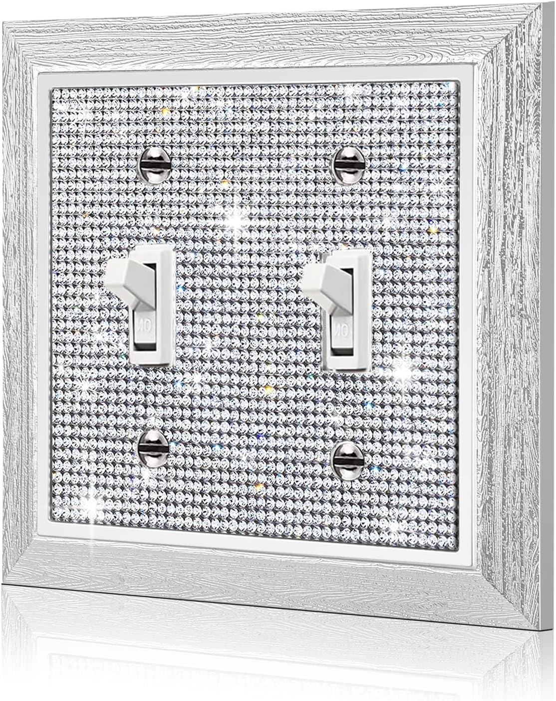 1 Pcs Double Gang Toggle Switch Wall Plate with Shiny Rhinestones and Imitation Wood Grain Design - Decorative Outlet Cover Plate for Light Switches by Gaocai